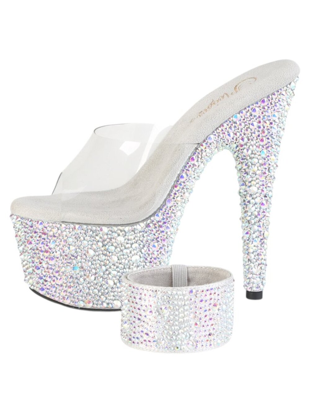 7" Rhinestone Stiletto Heels | Clear Platform Slide Mules with Ankle Cuffs